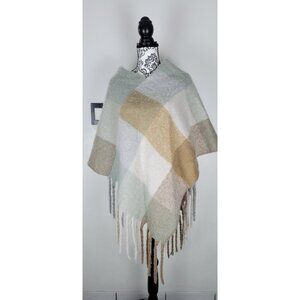 Women’s Plaid Fringe Poncho Shawl One Size Soft Cozy Cape Beige Mint Polyester